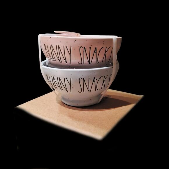 CERAMIC EASTER 2-PIECE BOWL SET BY RAE DUNN "BUNNY SNACKS" PINK & BLUE - Picture 2 of 6